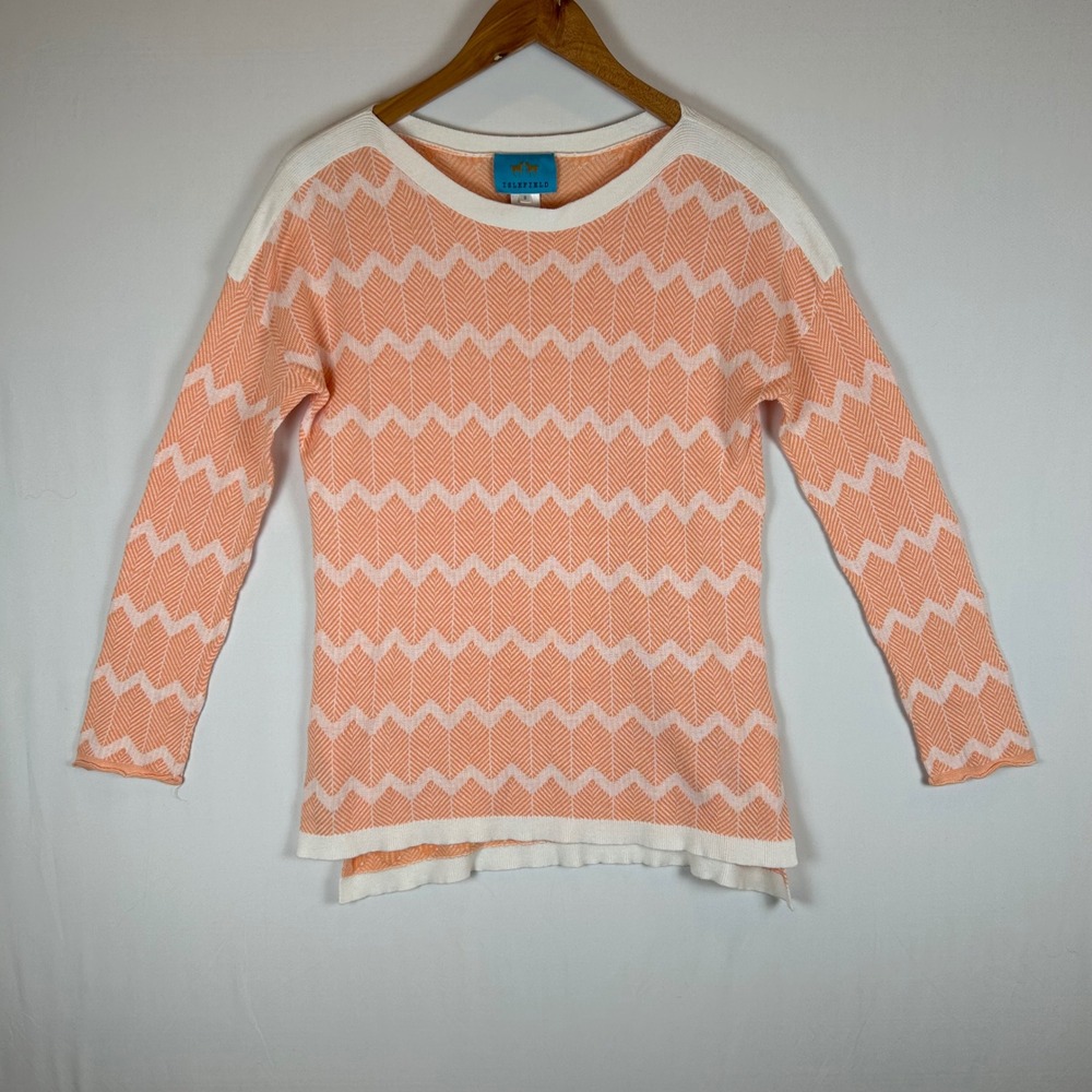 Islefield Women's Orange White Chevron Knit Cotton Sweater Small‎ Preppy
